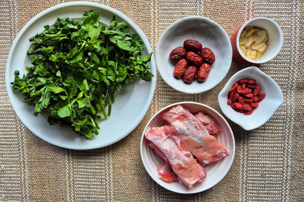 Nutritious TCM Soup Recipes: Chinese Watercress Pork Ribs & Chinese Ginseng Herbal Chicken - Chinese Watercress with Pork Ribs Soup Ingredients