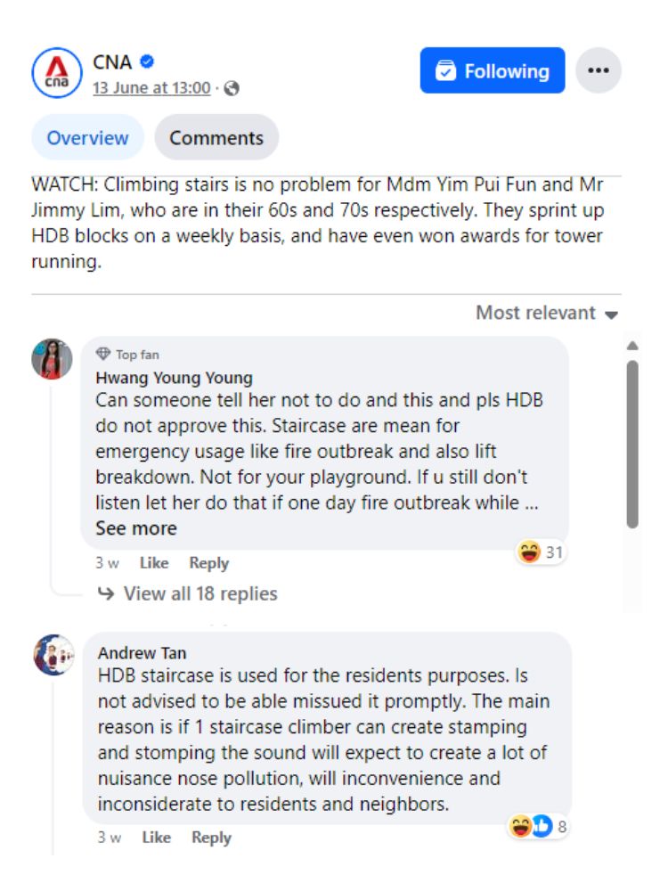 Don’t criticise fit seniors, let them run up HDB stairs for Singapore - Facebook comments