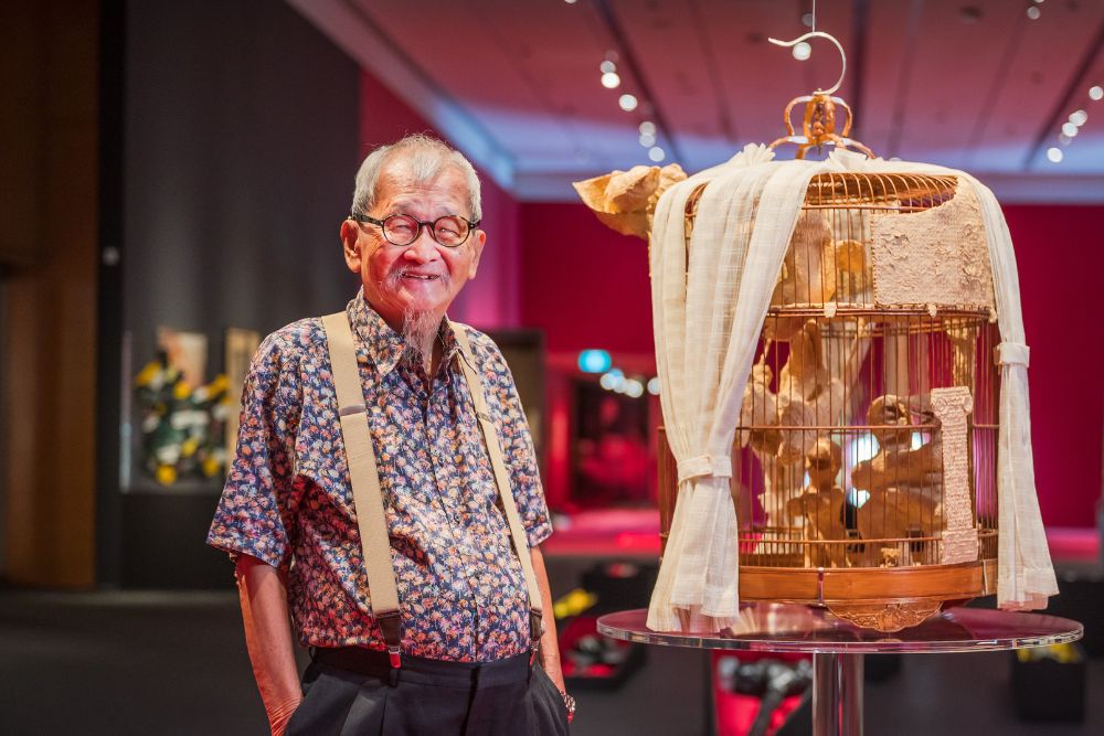 Teo Eng Seng: Cultural Medallion Winner Looks Back On 70 Years Of Art With New Exhibition - Teo Eng Seng beside We’re Happy. Are You Happy? (1997)