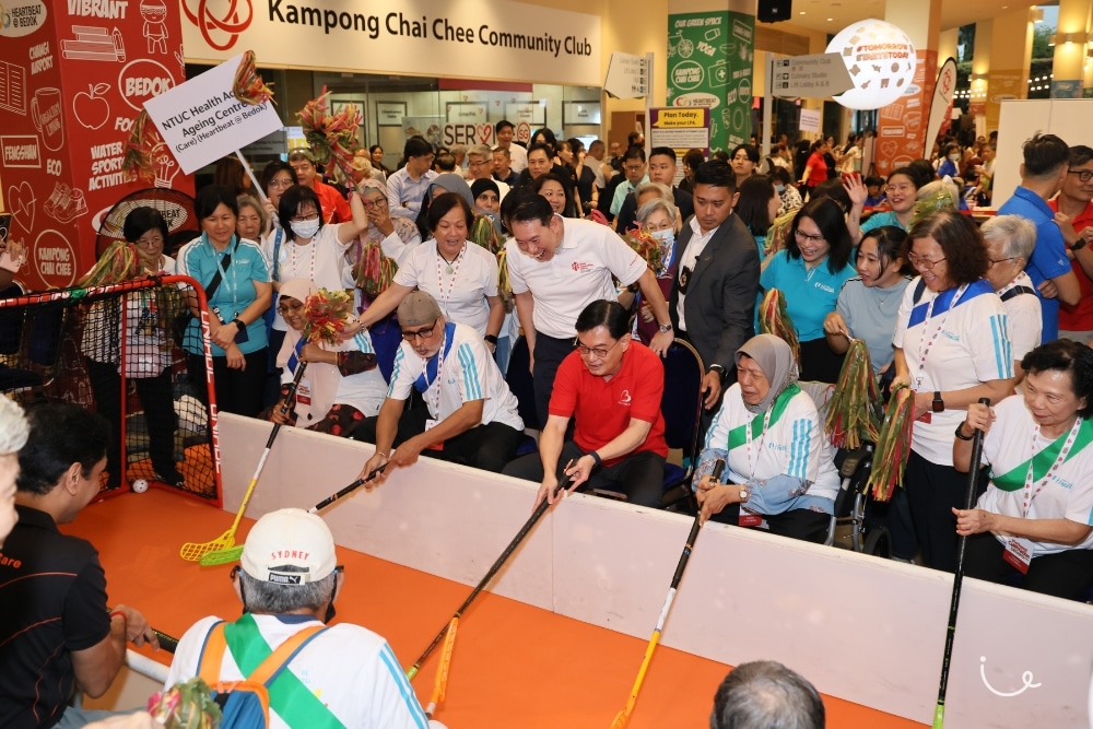 Singapore’s First Seniors National Games: This 79-Year-Old Is One Of Over 1,000 Silvers Participating - Tan Choon Huay - Former Deputy Prime Minister Heng Swee Keat playing seated floorball with seniors from NTUC Health AAC in 2024